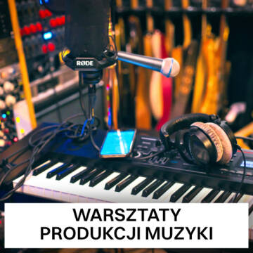 grafika przedstawia syntezator, mikrofon, słuchawki, mikser, w tle gitary