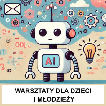 Grafika przedstawia robota, który ma na środku umiejscowione litery AI. W tle widać kółka zębate, żarówki, koperty