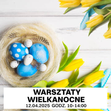 Grafika przedstawia tulipany oraz pisanki Wielkanocne wszystko leży na białych, drewnianych deskach.
