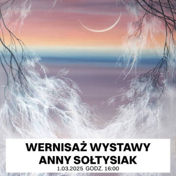 Grafika to zimowy pejzaż. Niebo różówo-niebieskie z cienkim księżycem i zaśnieżonymi gałązkami drzew