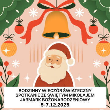 Grafika przedstawia  swiętego mikołaja na różowym tle z świątecznymi ozdobami.