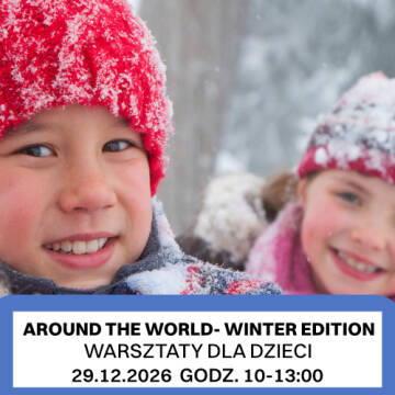 grafika przedstawia dwójkę śmiejących się dzieci w zabawie na śniegu