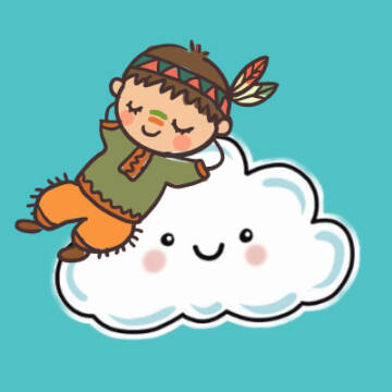 Grafika przedstawia białą, usmiechniętą chmurkę, na której leży mały Indianin 