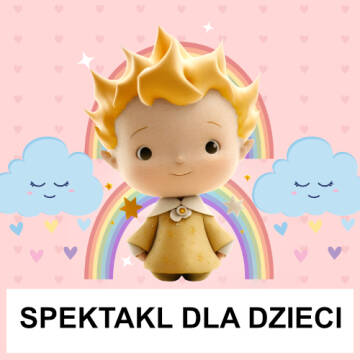 Grafika przedstawia maleńkiego chłopca, księcia, który z włosów ma ułożoną koronę, chłopiec stoi na tle tęczy i dwóch niebieskich chmurek