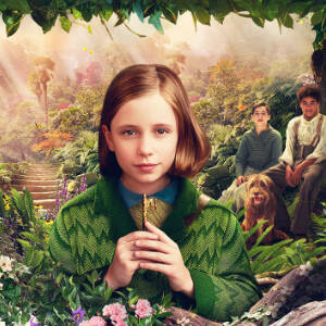 Grafika przedstawia dziewczynkę w ogrodzie trzymającą w rękach klucz. Na drugim planie widać dwóch chłopców i psa.