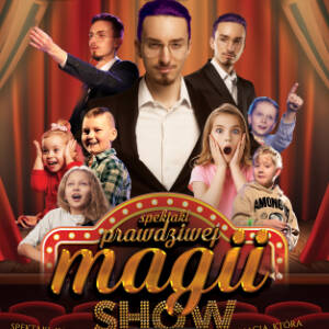 Grafika przedstawia iluzjonistę Pawła Kwietnia oraz zachwycone, usmiechnięte dzieci