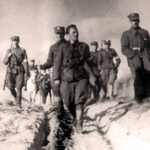 Grafika przedstawia idących żołnierzy z karabinami. W tle widać żołnierzy jadących na koniach. 