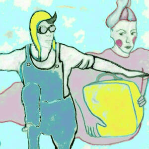 Grafika przedstawia narysowaną kobietę z walizką i mężczyznę lotnika