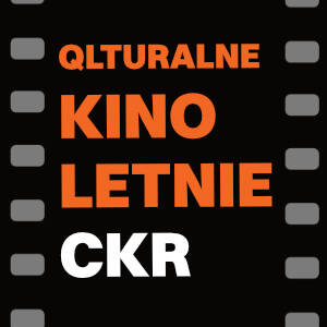 czarna grafika przedstawiająca taśmę filmową, na środku widnieje napis qlturalne kino letnie ckr
