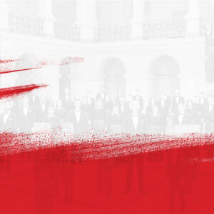 Grafika w barwach biało - czerwonych. W tle zdjęcie chóru