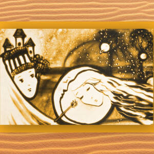 Grafika przedstawia obrazek z piasku. Na obrazku widać Kopciuszka i księżyc oraz wróżkę