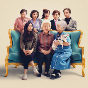 Grafika przedstawia koreańską rodzinę zgromadzoną wokół kanapy