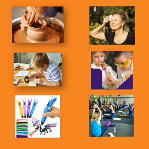 Grafika przedstawia sześć kwadatowych obrazków z kołem garncarskim, joga twarzy, majsterkowanie, rysunek trzy d, ćwiczenia, eksperymenty dla dzieci