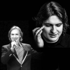 Grafika czarno-biała. Grafika przedstawia zdjęcia dwóch artystów: tenora Leszka Świdzińskiego oraz pianisty Grzegorza Prokopczuka