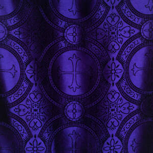 Zdjęcie przedstawia fioletową grafikę ze wzorem i krzyżem