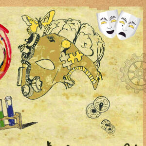 Grafika, na której widoczne są maski teatralne, motylek, kolorowe próbki z cieczami oraz fragment narysowanego mózgu