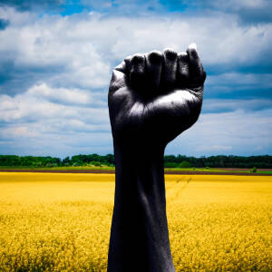 Grafika przedstawia rzepak i niebo.  Na środku grafiki widać czarno białą rękę w zaciśniętą pięść