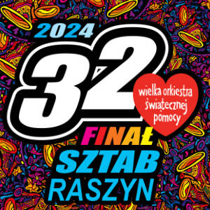 Kolorowa grafika z liczbą 32 i z napisem Wielka Orkiestra Świątecznej Pomocy