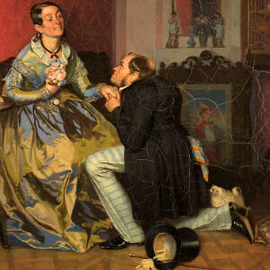 Grafika przedstawia damę w sukni balowej z bukietem kwiatów oraz mężczyznę starającego się o jej względy, klęczącego przed damą i trzymającego jej rękę.