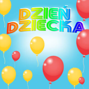 Niebieska grafika z kolorowymi balonami i napisem dzień dziecka
