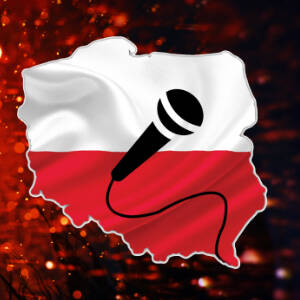Grafika przedstawia Polskę w barwach biało czerwonych z czarnym mikrofonem 