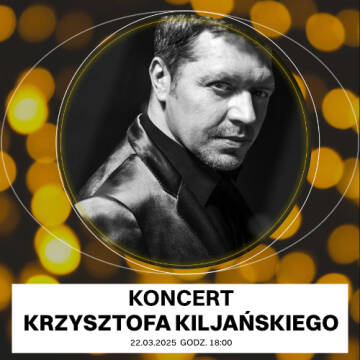 Grafika przedstawia czarno białe zdjęcie Krzysztofa Kiljańskiego na tle rozmytych światełek