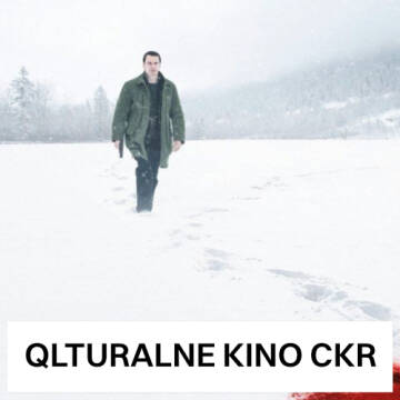 Grafika przedstawia mężczyznę z bronią w ręku przemierzającego śniegowe zaspy