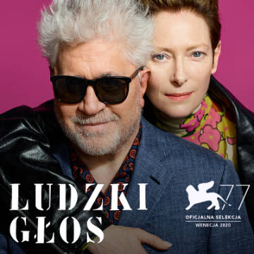 Grafika przedstawia zdjęcie portretowe reżysera Pedro Almodovara oraz aktorki Tildy Swinton