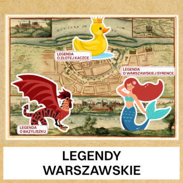 Grafika przedstawia starą mapę, na której umiejscowione są syrenka, kaczuszka i smok