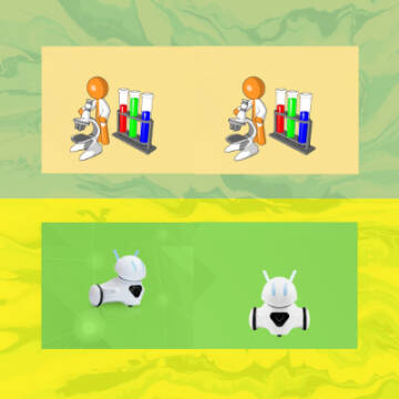 Grafika w kolorach żółtym i zielonym. W górnej jej części znajduje się narysowany ludek z mikroskopem i probówki z kolorowymi cieczami, a w dolnej części roboty Photon