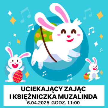 Grafika przedstawia trzy animowane króliczki z jajkami wielkanocnymi. Króliczki pokazane są na niebieskim tle.