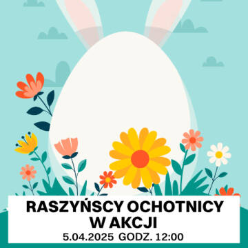 Grafika przedstawia jajko a wokół niego kwiaty. Jajko ma królicze uszy. Wszystko znajduje sie na niebieskim tle w chmury.