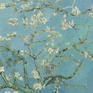 Na seledynowym tle namalowane sa gałęzie drzewa z białymi kwiatami i pąkami kwiatów