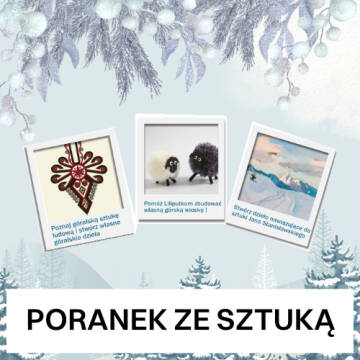 Grafika zimowa z trzema obrazkami w ramkach. Na obrazkach są owieczki, góralskie chawty i krajobraz zimowy
