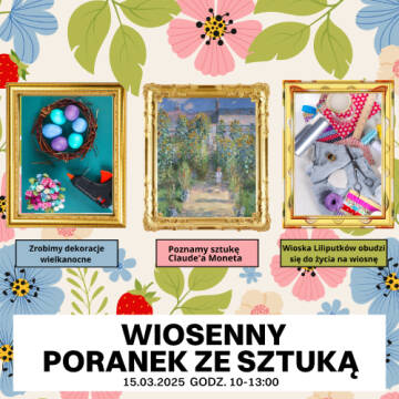 Grafika wiosenna, z kolorowymi kwiatkami. Na grafice umieszczone są trzy obrazy. Na jednym obrazie są kolorowe jajka, obraz Moneta, nożyczki, materiały