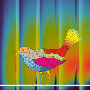 Grafika przedstawia kolorowego ptaka  na tle kolorowej kotary