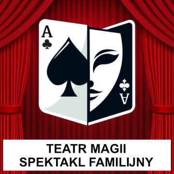 Grafika przedstawia czerwoną kurtynę a na niej umiejscowione są dwie czarno-białe karty do gry np. pik i karta z maską teatralną 