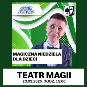 Grafika przedstawia zdziwionego mężczyznę w marynare z muchą. W górnym lewym rogu znajdują się karty do gry. Na grafice umieszczny jest również tytł Magiczna niedziela dla dzieci tetar magii