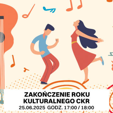 Grafika rysunkowa przedstawia roztańczoną parę kobietę i mężczyznę, dookoła pary unoszą się nutki