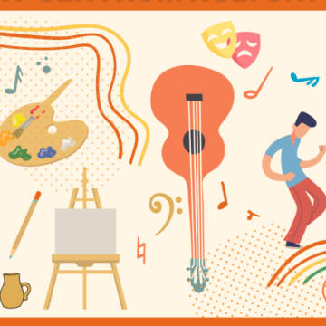 Kolorowa grafika przedstawia gitarę, sztalugę z płótnem, paletę z kolorami, ołowek, tańczącego mężczyznę, maski teatralne oraz nutki