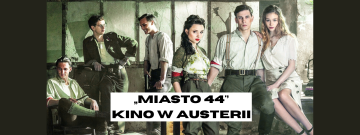 Grafika przedstawia głównych bohaterów filmu „Miasto 44” – młodą parę powstańców warszawskich, ukazanych w dramatycznym ujęciu, z twarzami zabrudzonymi walką i emocjami. Dominują ciemne, przytłumione barwy, podkreślające brutalność wojny i napięcie. Na do