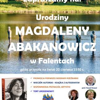 Grafika przedstawia staw, w stawie umieszczonych jest 6 rzeźb. Na dole grafiki widoczna jest biografia Abakanowicz oraz zdjęcia prelegentów