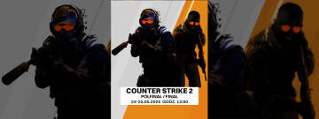 Grafika przedstawia postacie z gry Counter Strike 2 na pomarańczowo szarym tle