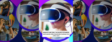 Grafika przedstawia dzieci z googlami VR na oczach oraz budynek Austerii