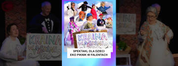 Grafika przedstawia kilku aktorów przebranych za różne postaci.  Na pierwszym planie znajduje się niepocieszony chłopiec w czapce, trzymający maskotkę , stojący przy wiklinowym koszyku, na którym widnieje napis kraina wyobraźni