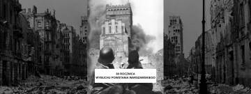 Grafika czarno-biała przedstawia gruzy Warszawy i dym oraz walczących dwóch żołnierzy