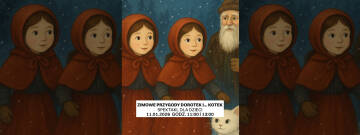 Grafika przedstawia dwie Dorototki, kotka oraz starszego pana w środku ciemnego lasu.