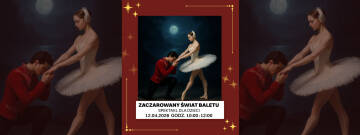 Grafika przedstawia stojącą baletnicę a przed dnią klęczy mężczyna. Grafika zachowana jest w ciemnym klimacie w  tle widać wodę oraz księżyc.