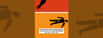 Minimalistyczna, dwukolorowa grafika przedstawia czarne sylwetki dłoni i leżącej postaci na pomarańczowym i czerwonym tle, zapowiadając premierę spektaklu „To nie pogrzeb chomika, proszę państwa!” Teatru Radosnego.