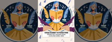 Grafika przedstawia ilustrację kobiety czytającej książkę w otoczeniu piór i kałamarzy, która zaprasza na warsztaty rozwojowe „Krąg Kobiet w Raszynie” zaplanowane na 24 kwietnia 2026 roku o godzinie 18:00.